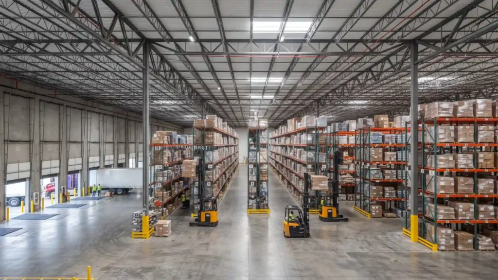 Clear-span steel warehouse interior with storage racks and forklifts