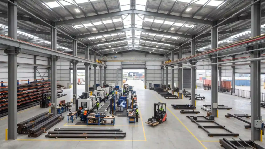 Overhead crane inside a steel factory building