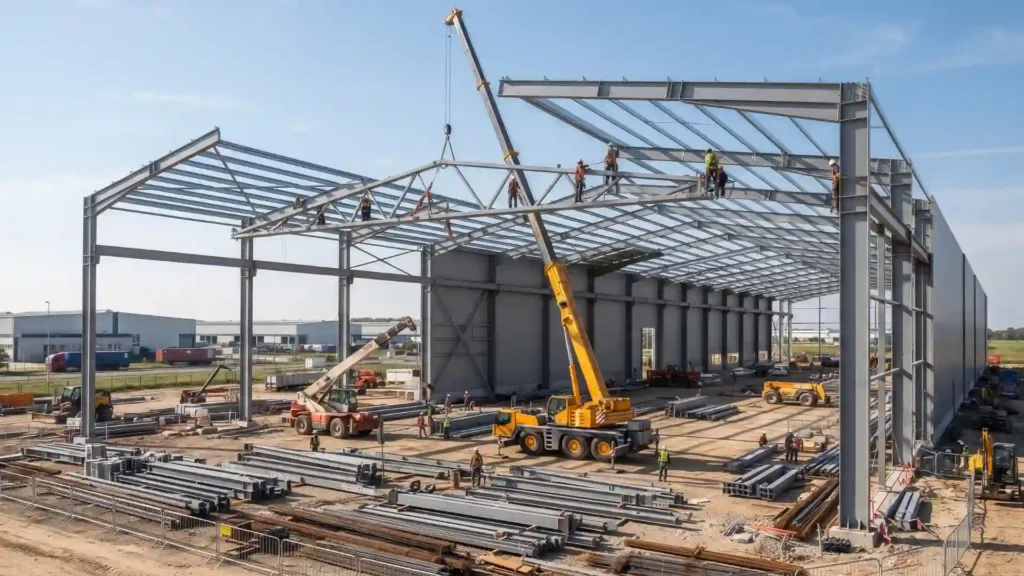Steel factory building construction and steel frame installation
