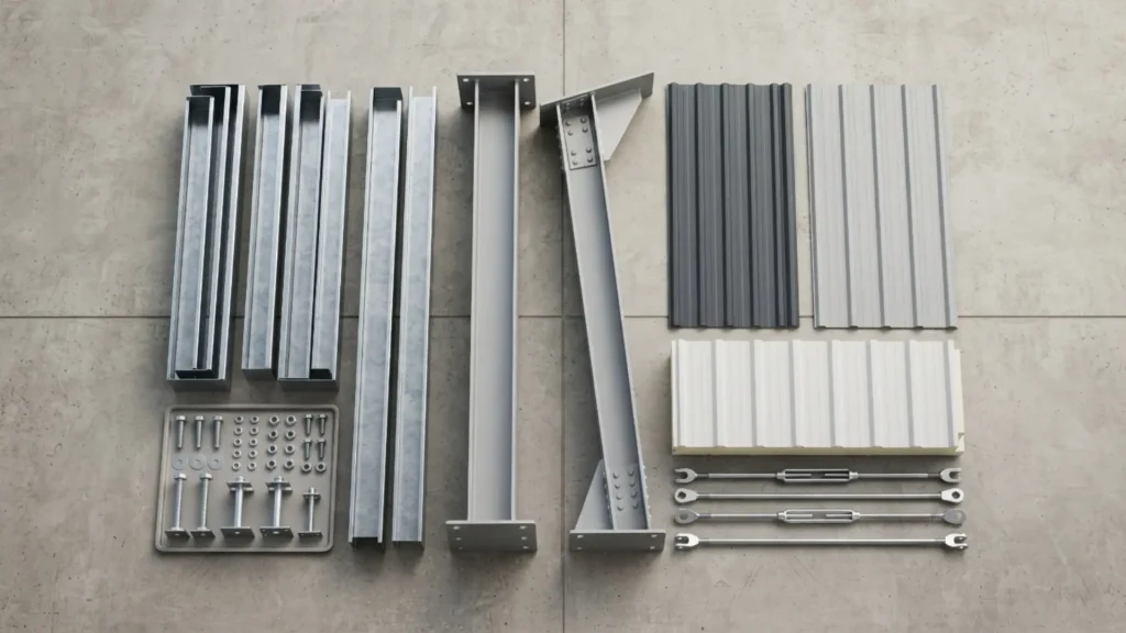 Steel warehouse construction materials including beams, purlins and wall panels