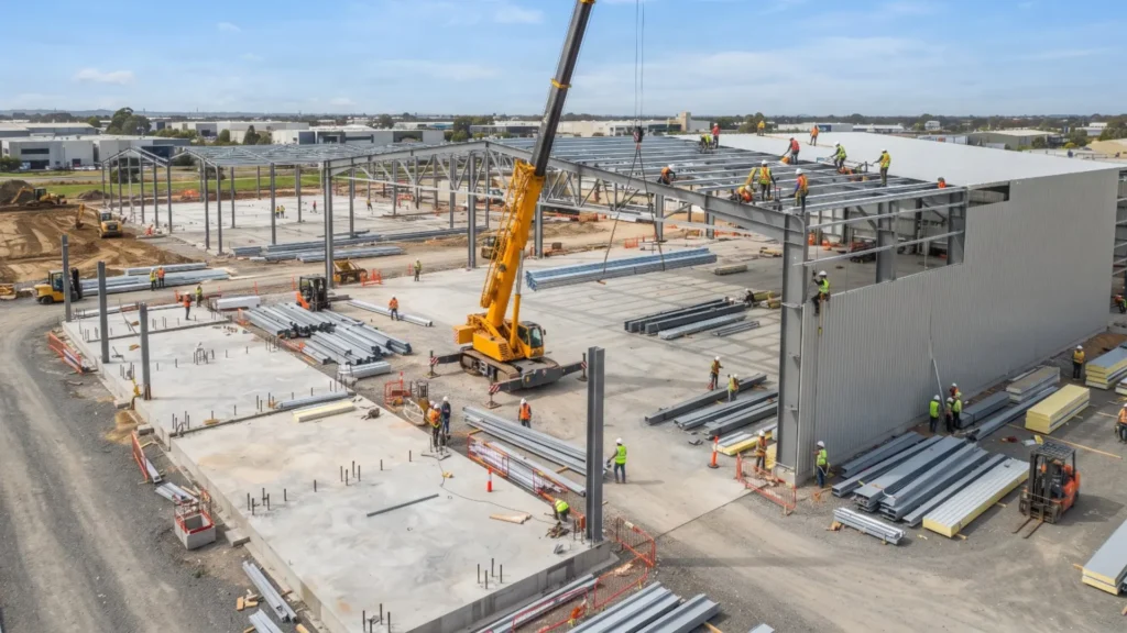 Steel warehouse construction with structural frame and roof installation