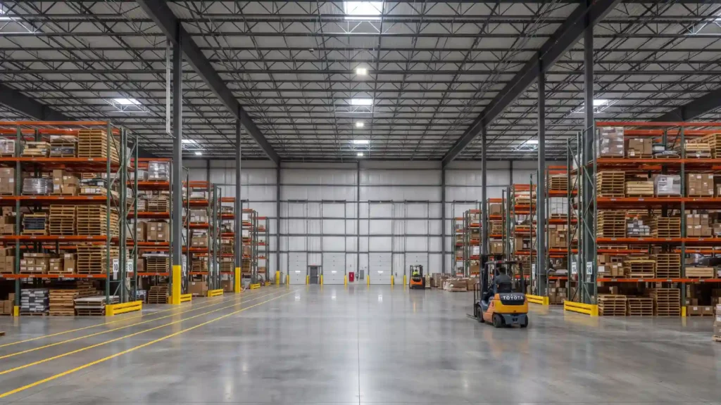 Large clear-span steel warehouse with high clear height