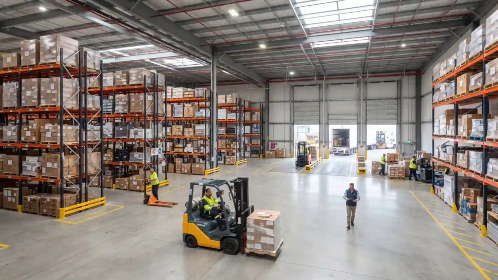 Steel warehouse interior with organized storage and loading areas