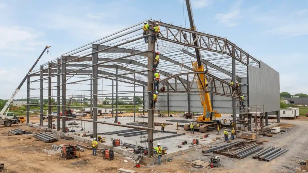Steel warehouse construction and structural frame erection