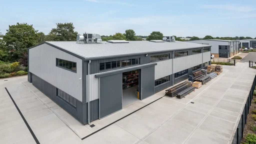 Completed steel workshop building