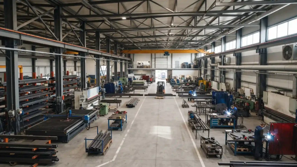 Industrial steel workshop used for manufacturing and fabrication