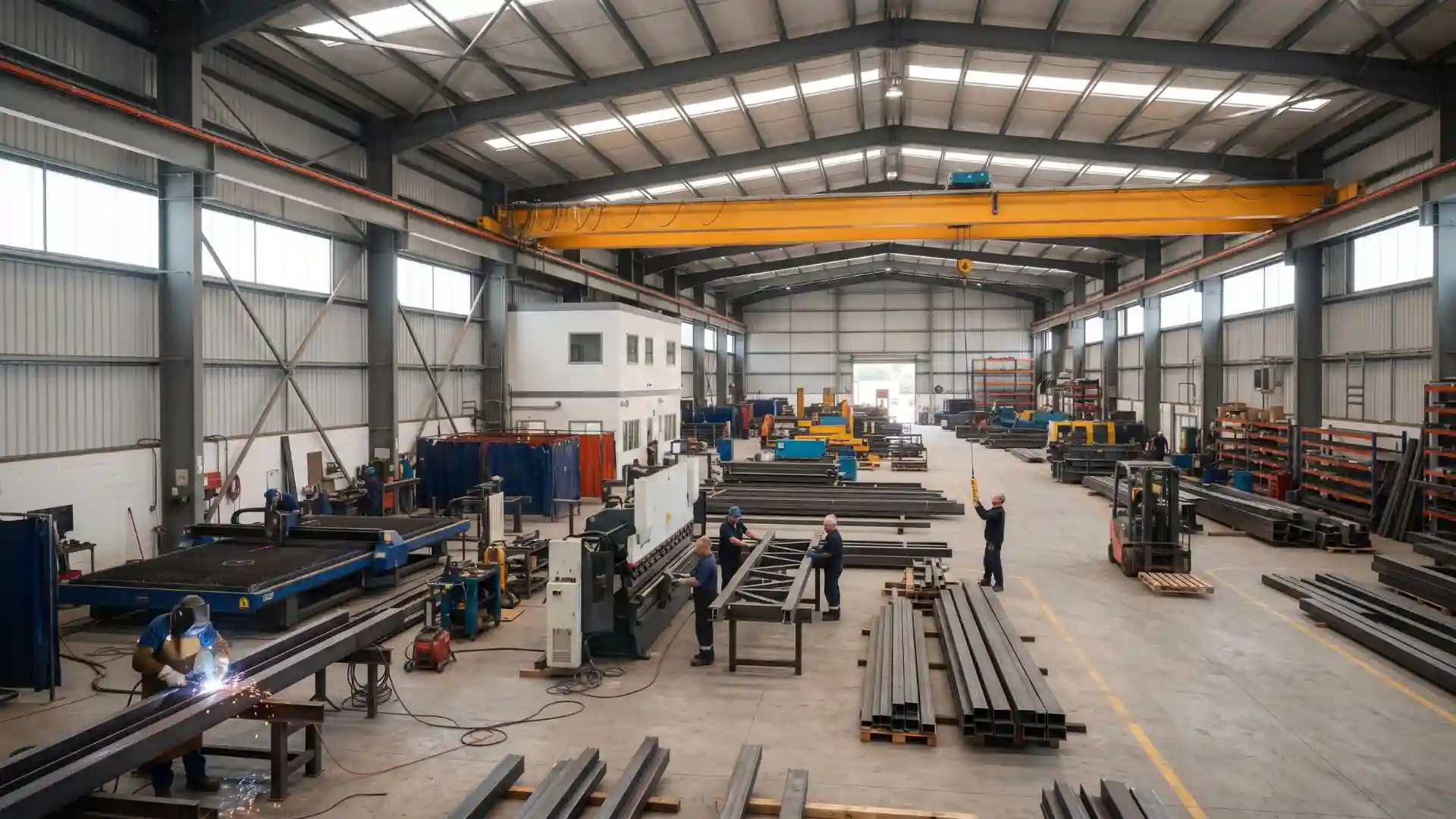 Prefabricated steel manufacturing workshop with industrial equipment