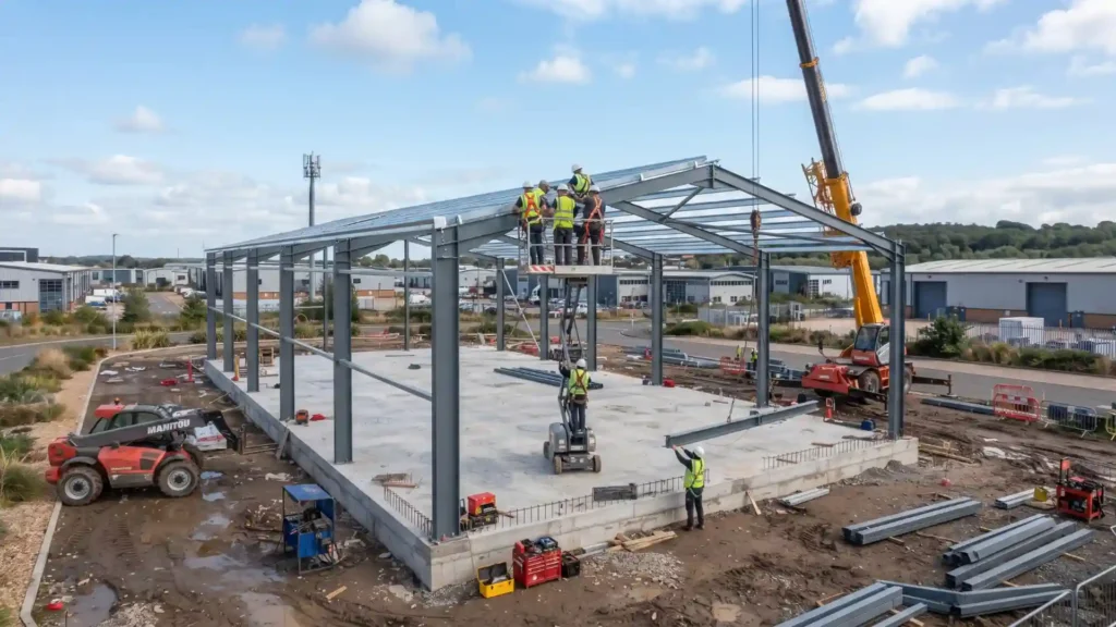 Prefabricated steel workshop under construction