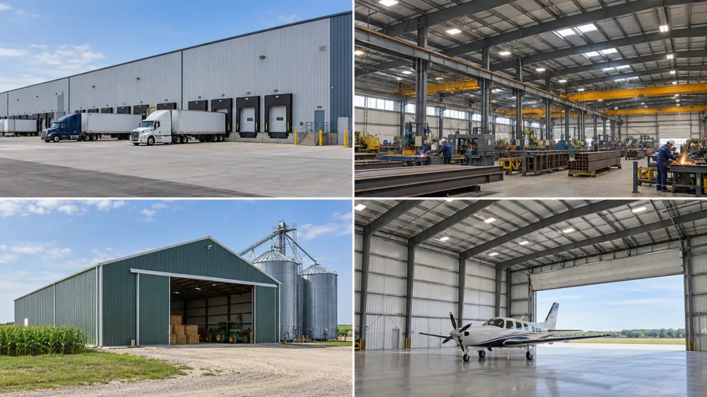 Prefabricated steel buildings used for logistics warehouses, manufacturing facilities, agricultural storage, and aircraft hangars
