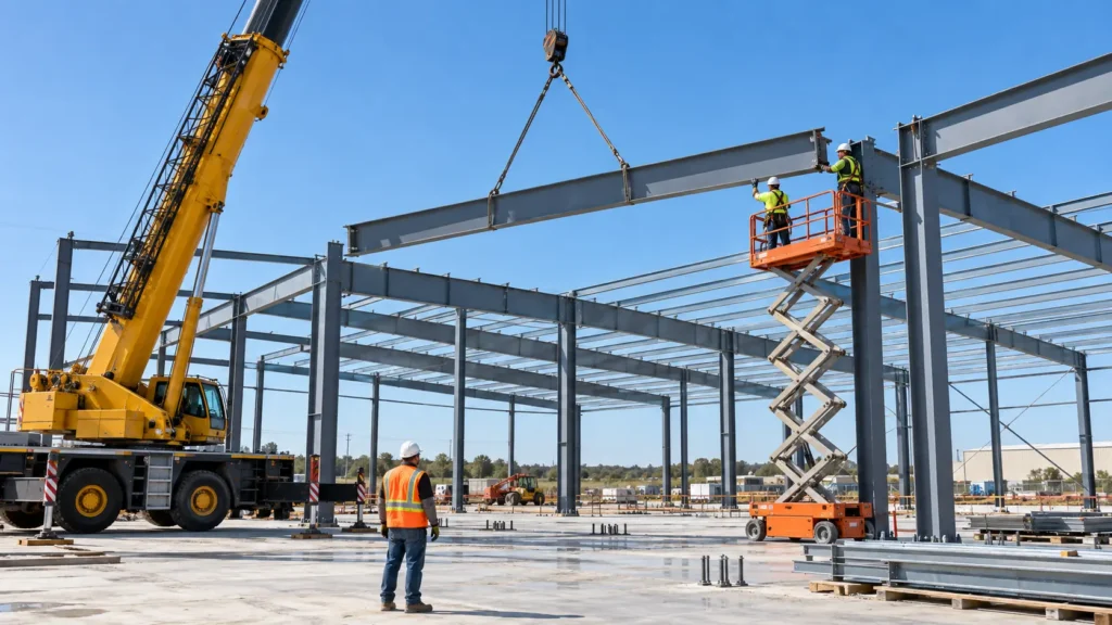 Crane lifting a steel beam during prefabricated warehouse frame erection