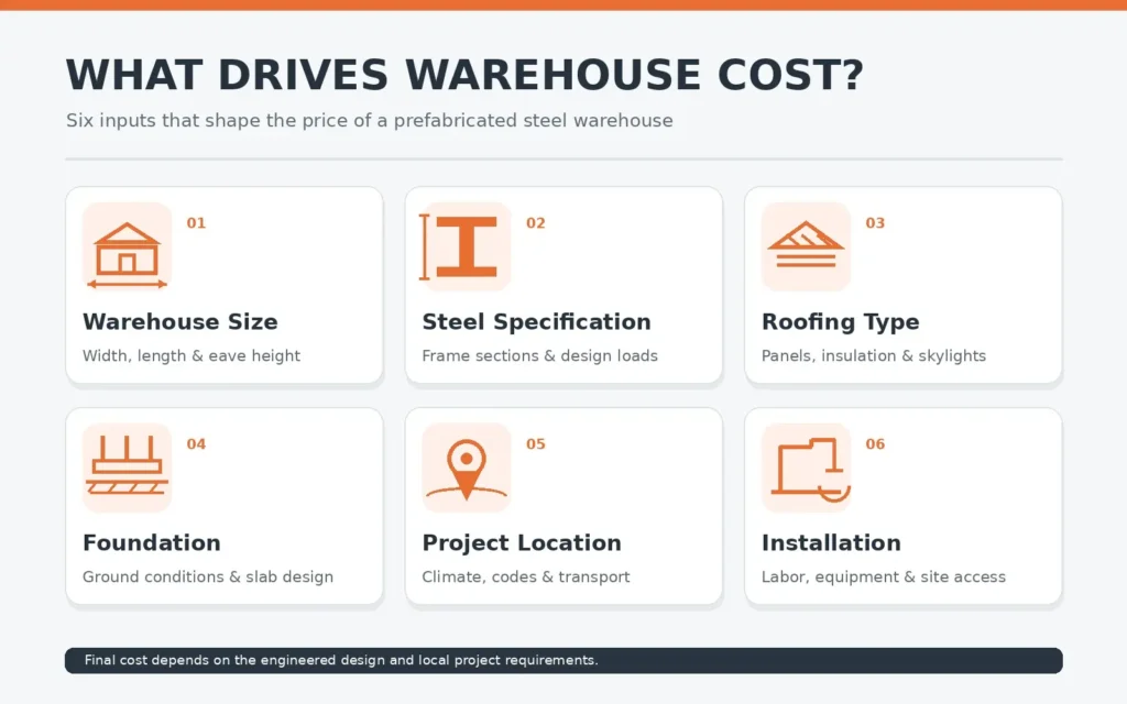 Infographic showing six cost factors for a prefabricated steel warehouse: size, steel specification, roofing, foundation, location, and installation
