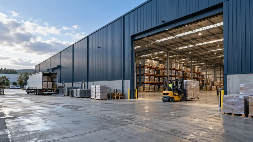 Truck and forklift loading pallets at a steel warehouse loading dock
