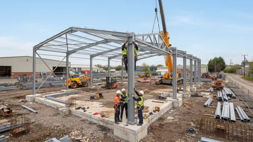 Steel workshop construction with prefabricated frame erection