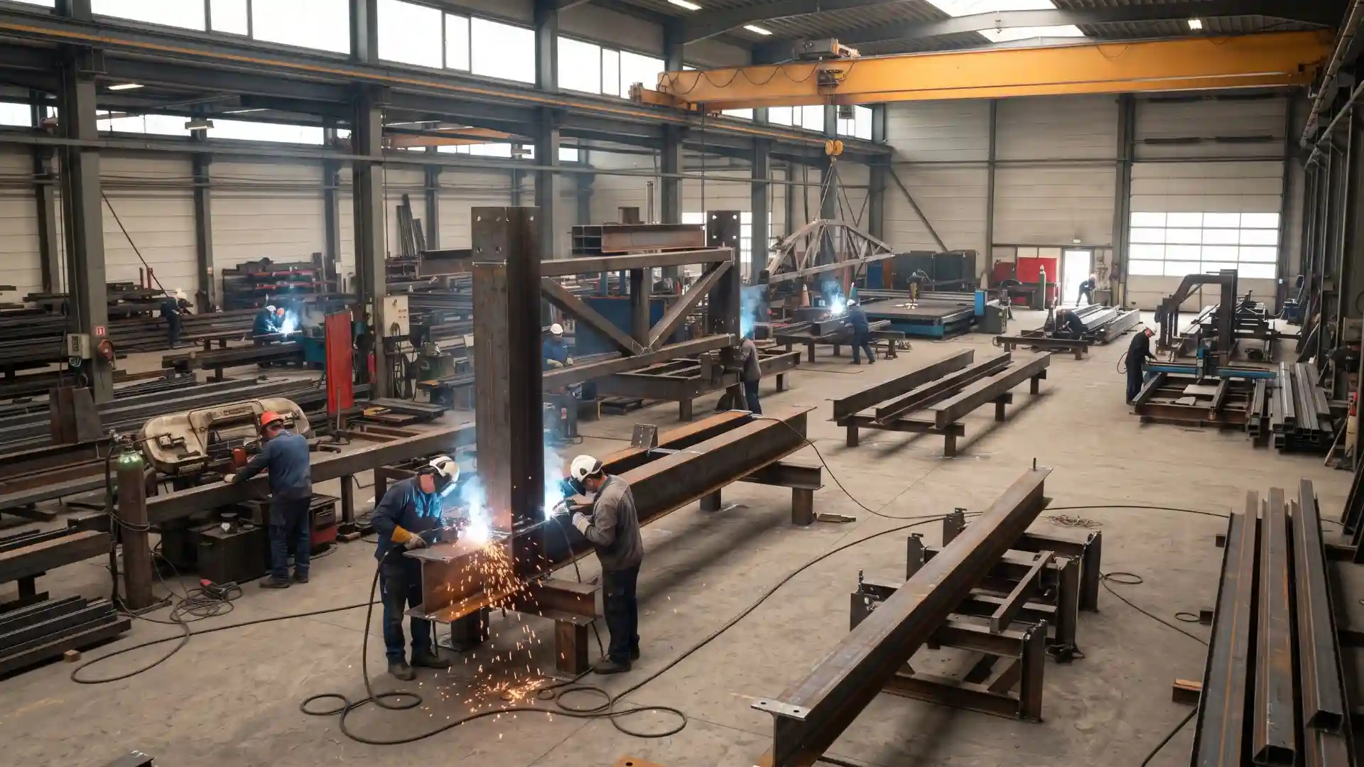 Steel workshop components during factory fabrication