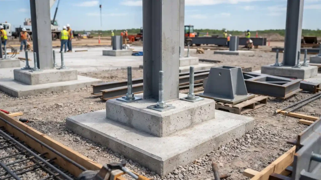 Steel workshop foundation with anchor bolts