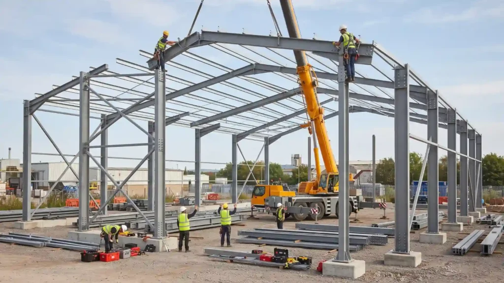 Steel workshop frame installation on site