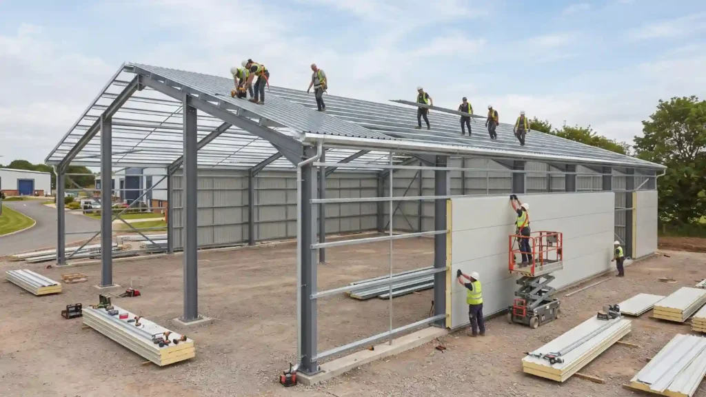 Steel workshop roof and wall cladding installation
