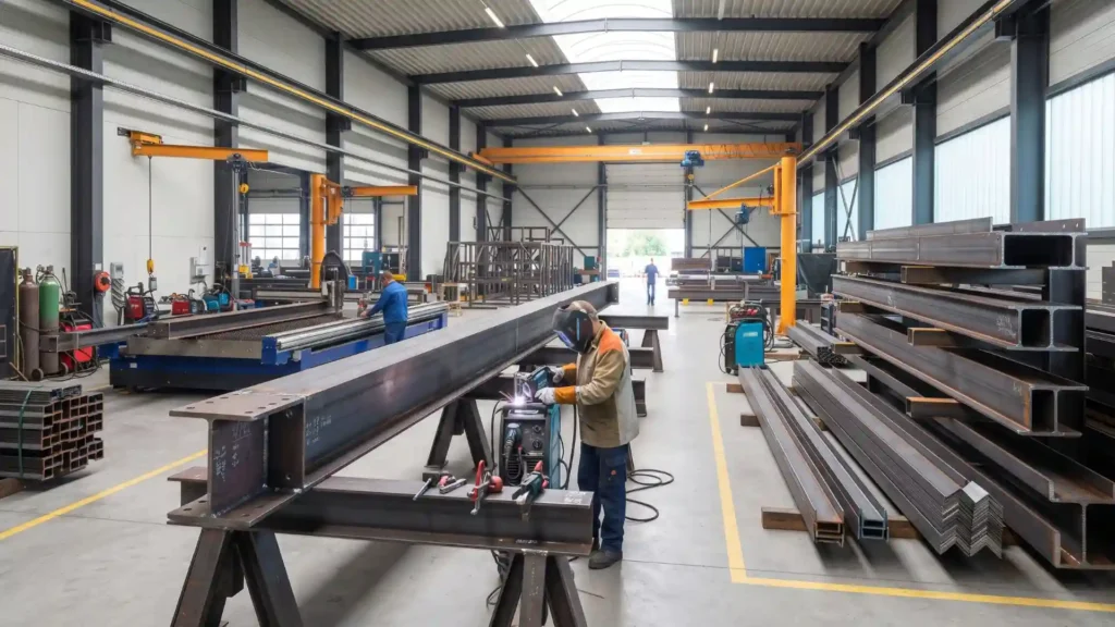 Steel workshop frame fabrication in a factory