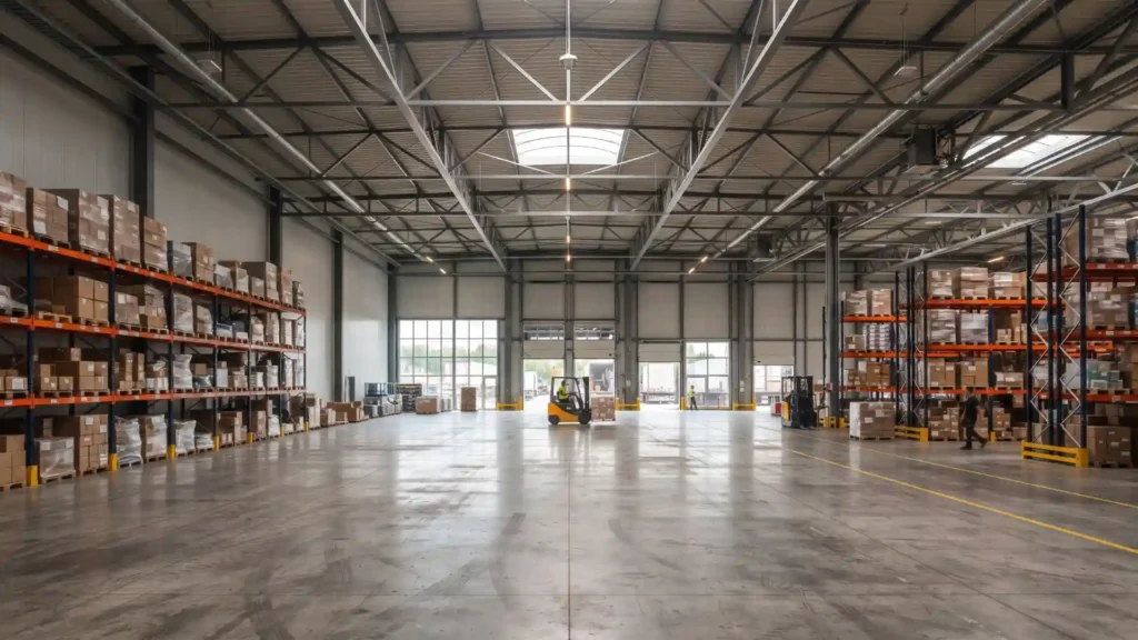 Clear span steel building interior for warehouse use