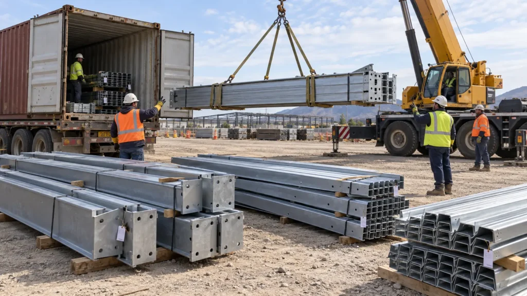 Steel building components being unloaded from a shipping container at a site yard