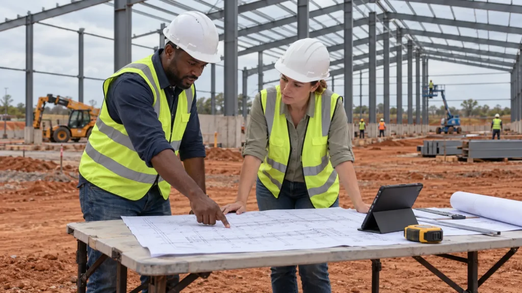 Engineers reviewing steel building plans at a construction site