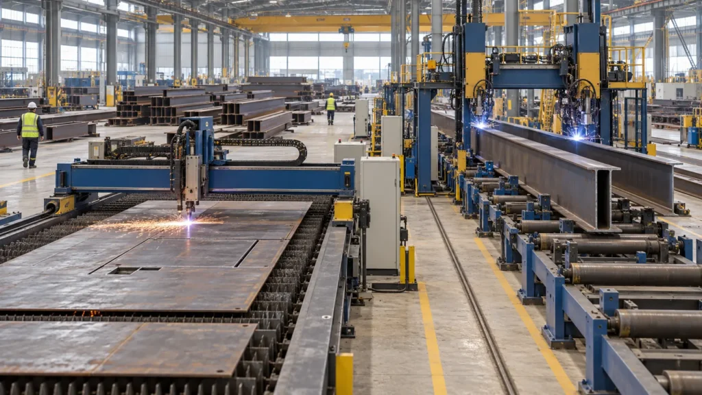 Automated factory line fabricating pre-engineered steel building frames