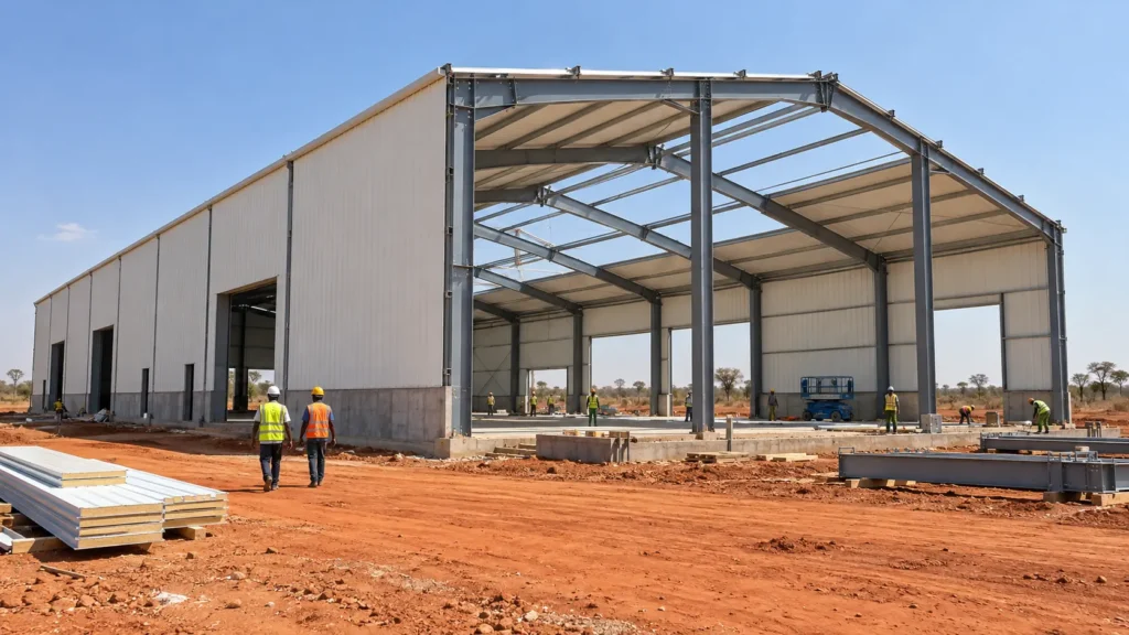 Steel storage and maintenance shed at a mining support site