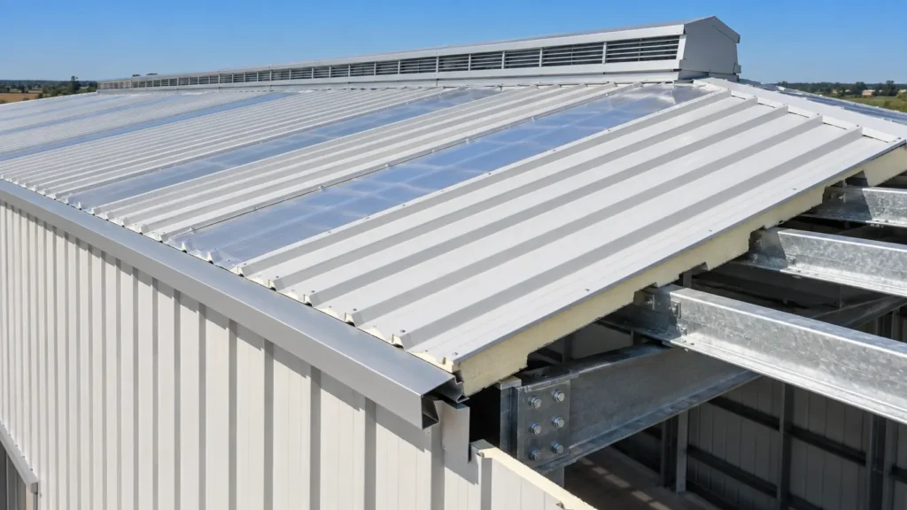 Insulated steel roof panels with ridge ventilation and skylights