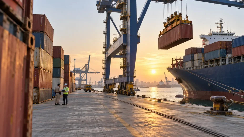 Shipping containers of steel building components being cleared at an Egyptian port