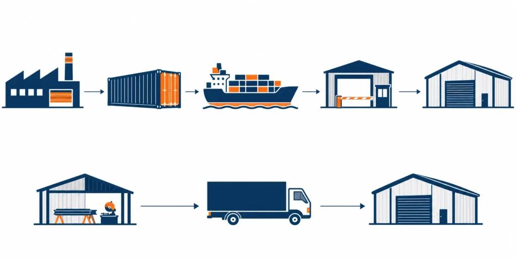 Diagram comparing the direct import route and the local fabrication route for steel structures in Egypt