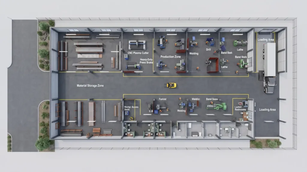 steel workshop layout with production and storage areas