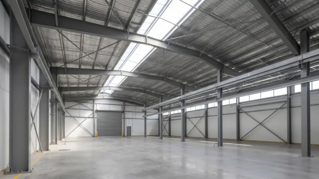 steel workshop structure with columns beams and roof framing