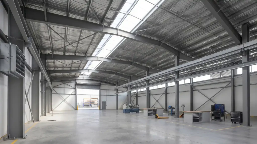 steel workshop with industrial doors windows and ventilation