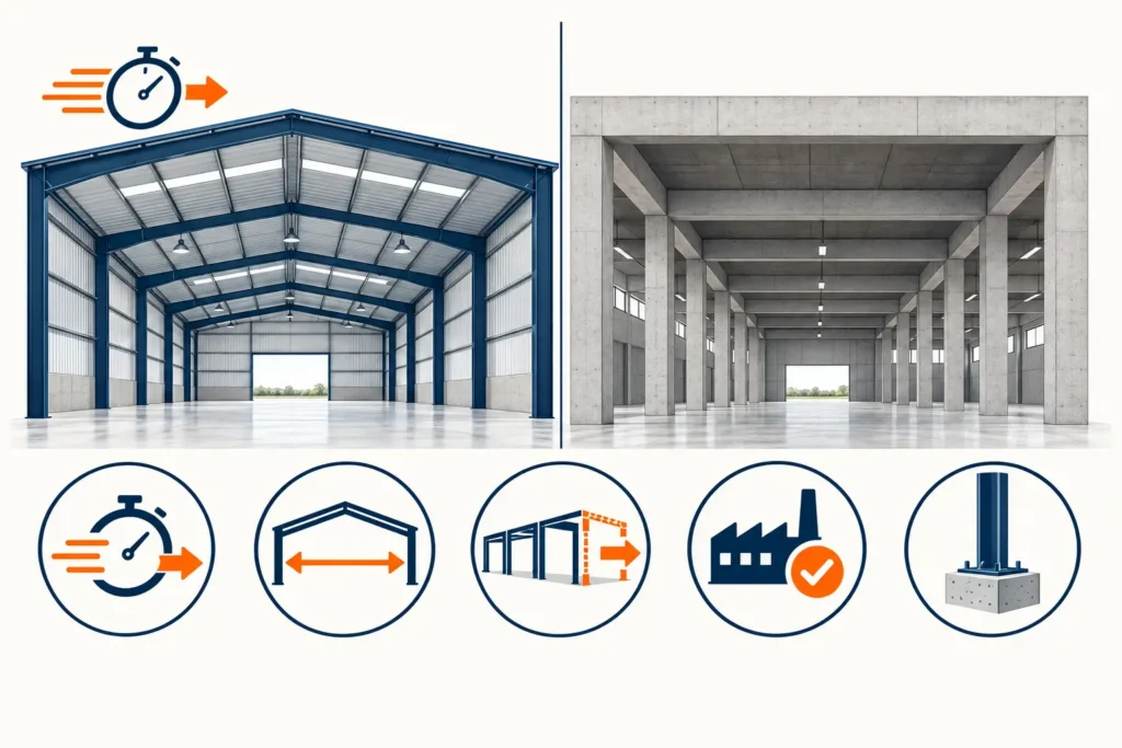 Infographic showing advantages of steel structures over concrete buildings