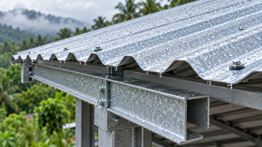 Galvanized steel sheets and purlins protecting a steel building from corrosion
