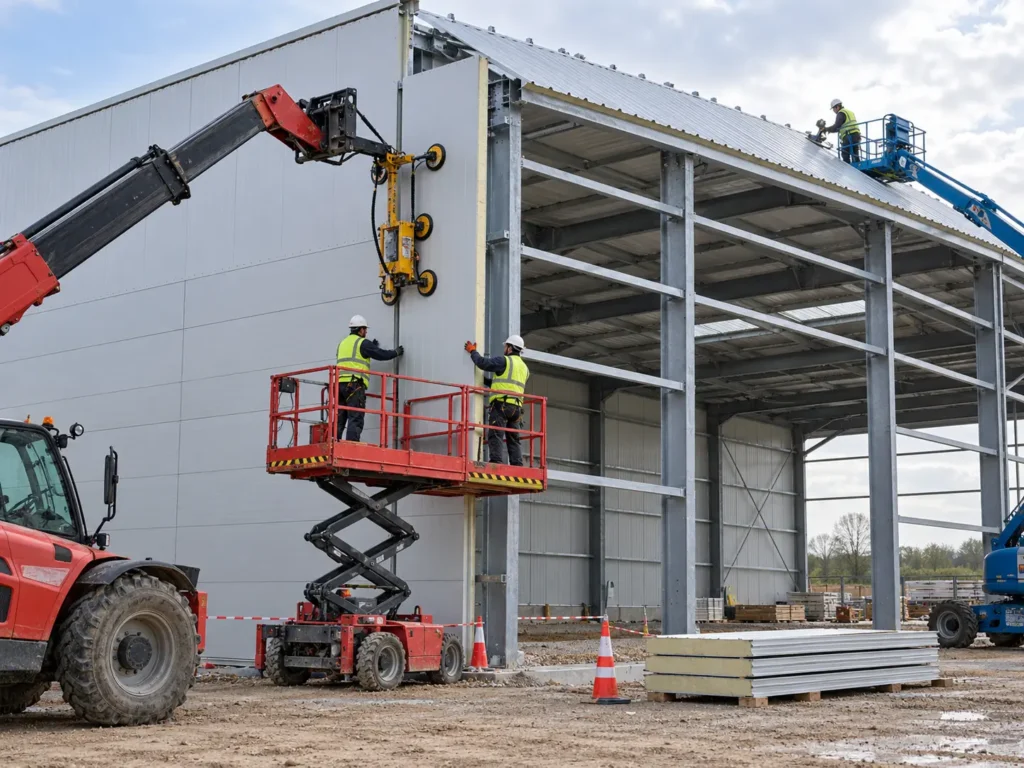Installers fitting insulated sandwich panels to a steel warehouse frame
