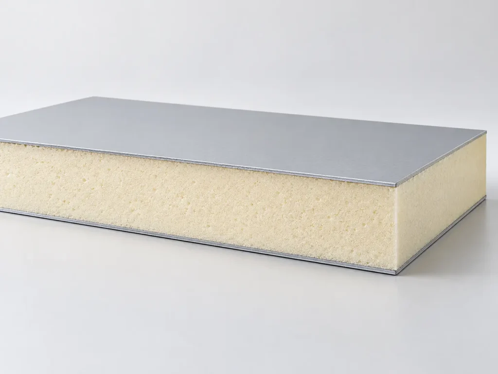Cross-section of an insulated sandwich panel showing two steel facings and an insulation core