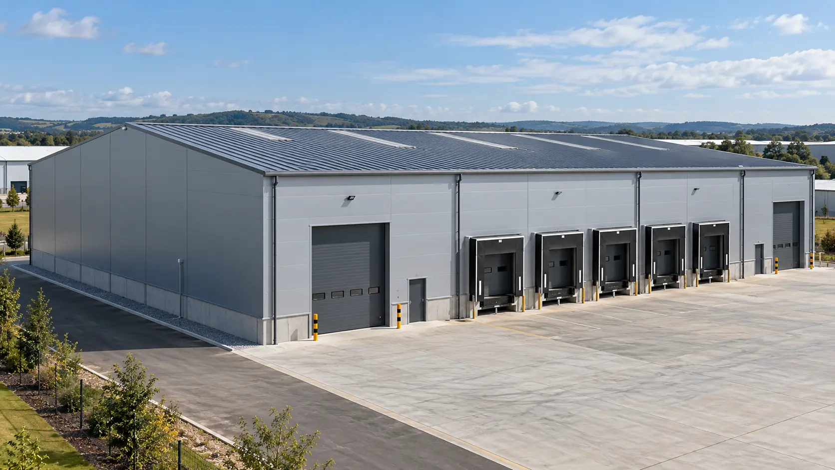 Prefabricated steel warehouse clad with insulated sandwich panels on walls and roof