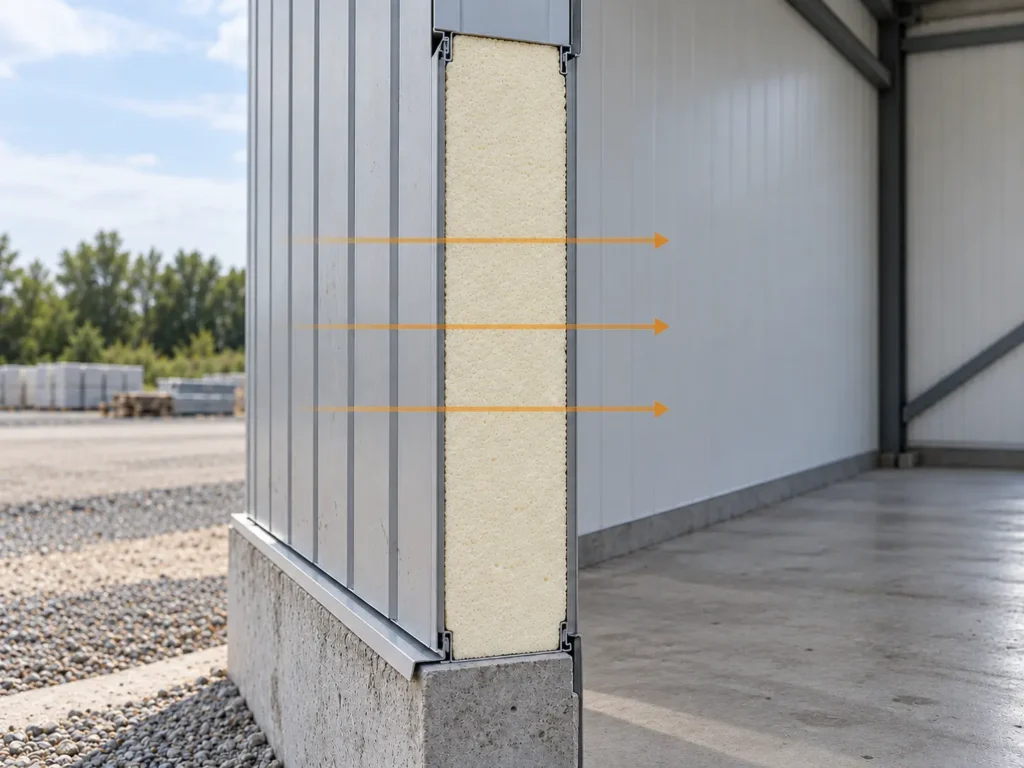 Concept view of heat flow through an insulated sandwich panel wall assembly