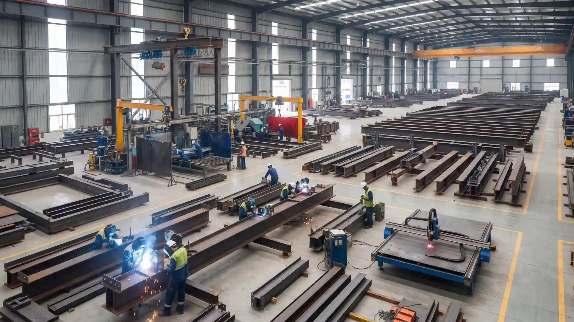 Steel beams being manufactured in a fabrication facility
