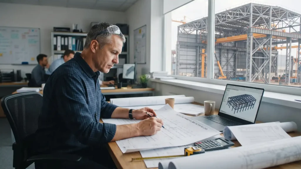 Engineer reviewing steel factory building structural design