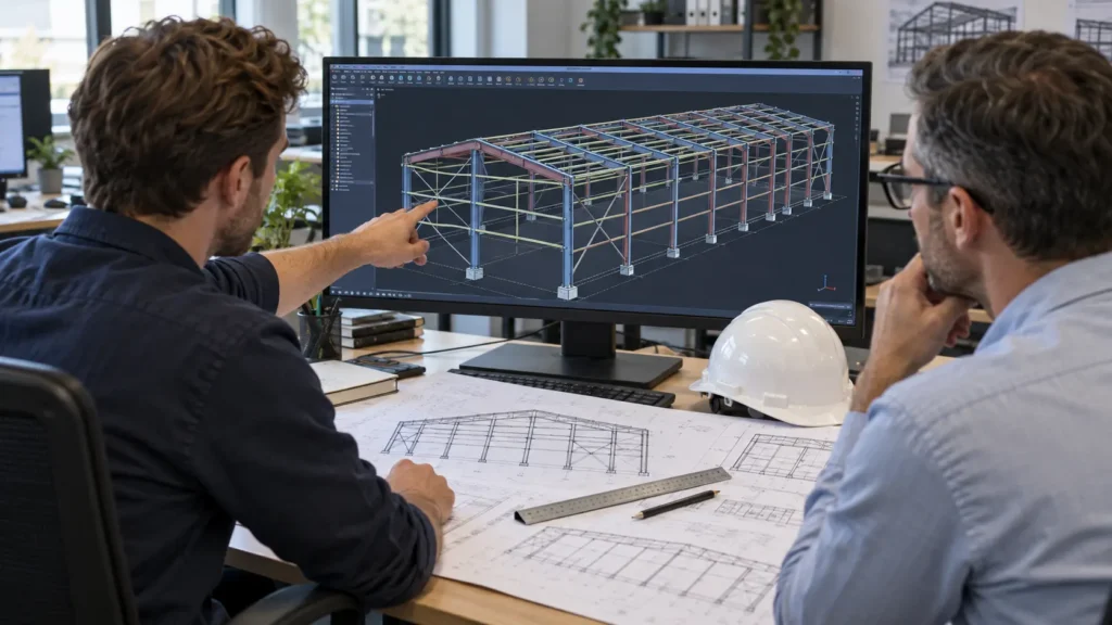 Engineers reviewing CAD design drawings for a steel structure building