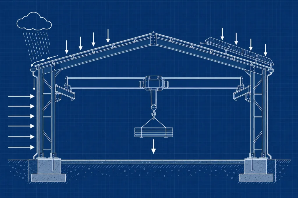 Diagram of wind, crane, rain and solar loads on a steel portal frame building