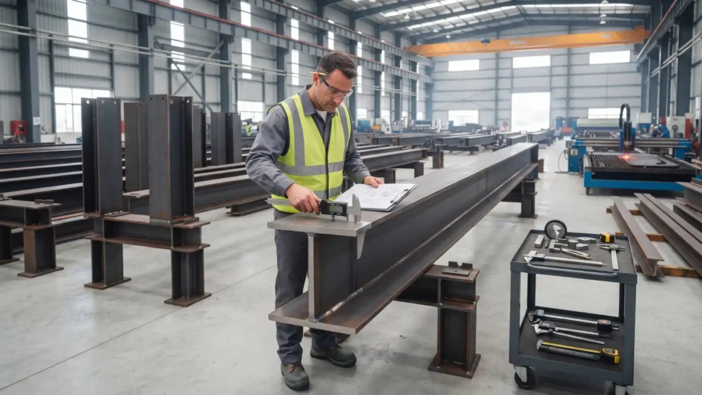 Inspector checking the quality of fabricated steel components