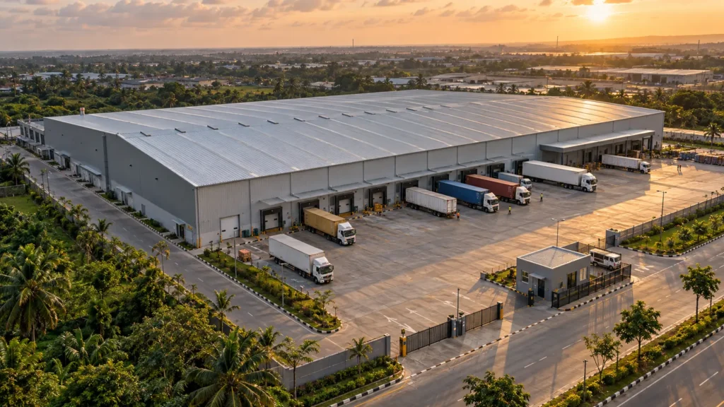 Completed steel structure warehouse with loading docks in Nigeria
